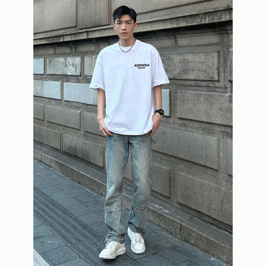 Qumile American street fashion brand letter printing heavy short-sleeved T-shirt men's summer casual loose white cotton base shirt white L [recommended 100-120 Jin [Jin equals 0.5 kg]]