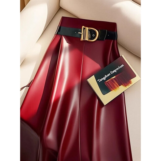 Pierre Cardin (Pierre Cardin) Autumn and Winter 2025 New Large Size PU Leather Skirt Skirt Women's Belly Covering Mid-Length Winter Pleated Skirt A-Line Skirt 5785# Red M