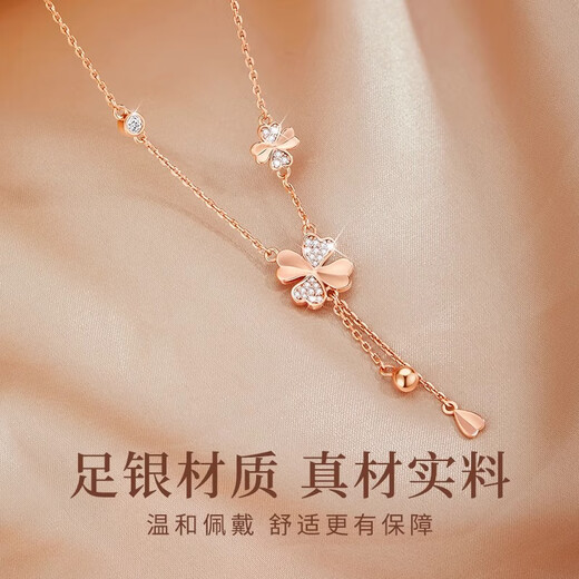Djin999 pure silver four-leaf clover necklace for women light luxury tassel pendant clavicle chain female birthday gift for girlfriend and wife D243 silver white sparkling four-leaf clover necklace
