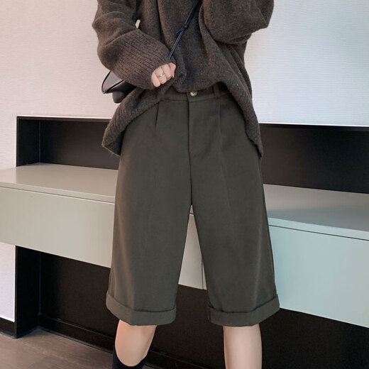 CamalgOri winter five-point woolen shorts for women, thickened outer wear, high waist, versatile, fat mm size, small straight hemmed mid-pants for women, brown L
