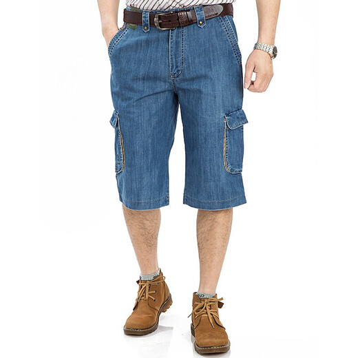 
JEEP SPIRIT Jeep Casual Denim Shorts Men Loose Multi-Pocket Straight Working Shorts Summer Men's Cropped Pants 753 753 Light Blue Size 31 Size 2 Foot 3