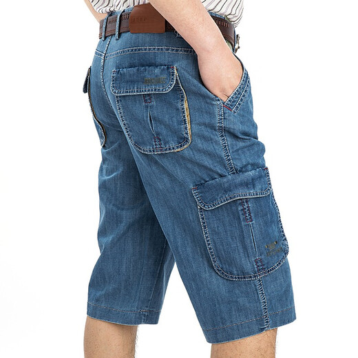 
JEEP SPIRIT Jeep Casual Denim Shorts Men Loose Multi-Pocket Straight Working Shorts Summer Men's Cropped Pants 753 753 Light Blue Size 31 Size 2 Foot 3