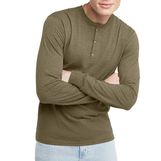 Hanes Men's Long Sleeve Henley Collar T-Shirt Tri-blend Lightweight Button Collar Regular Fit Casual Daily Eco-friendly White X Large Size
