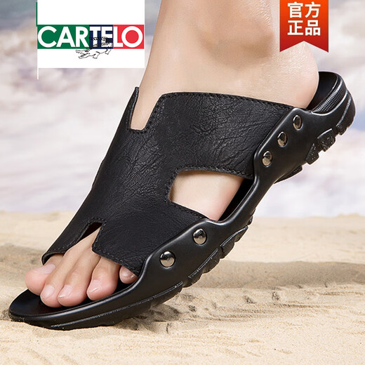 卡帝乐鳄鱼（CARTELO）凉鞋男2025夏季新款外穿休闲加肥加大码凉拖鞋超大号真皮软拖鞋潮 C/1105黑色 49
