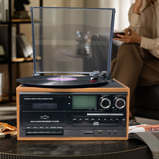 Heritage family tape player, vinyl CD all-in-one multi-functional antique tape player, vinyl record player, retro gramophone, Bluetooth audio, home living room ornaments, vinyl tape all-in-one player, oak color (black panel)