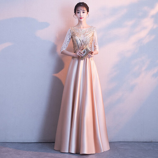 Li Baixin high-end evening dress women's new noble banquet temperament dress long host chorus performance clothing champagne color XXL