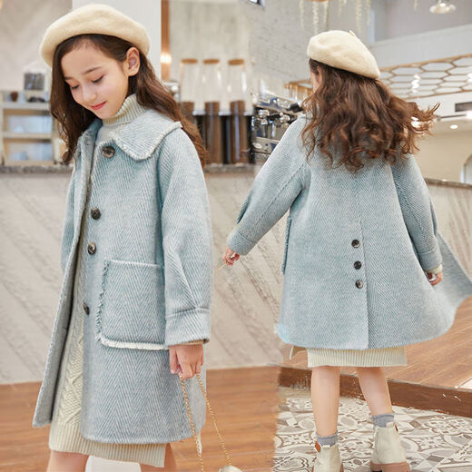 Disney Girls Wolljacke Herbst und Winter neuer koreanischer Stil verdickter Baumwollwölfungsmantel mit mittlerer Länge modischer Frühling und Herbst hellblau [Baumwollfutter] 160