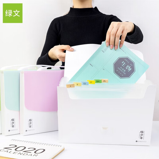 绿文风琴包A4学生多层资料试卷袋手提文件袋资料多功能收纳册小学初中高中生用分类文件袋 9214咪少年A4-13格 绿色 1个