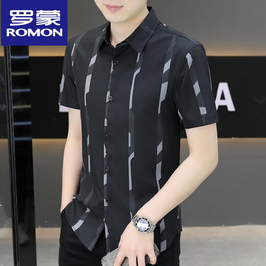 罗蒙（ROMON）高档夏季男短袖衬衫潮流痞帅气感冰高端商务中老年网红2025 7027绿色 XL 125-140斤