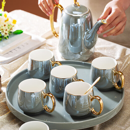 Huangtong Jingdezhen light luxury tea set ceramic cup set water cup complete set of water set household Nordic style high-end gift Aegean Sea Galaxy Gray 8-piece set gift box