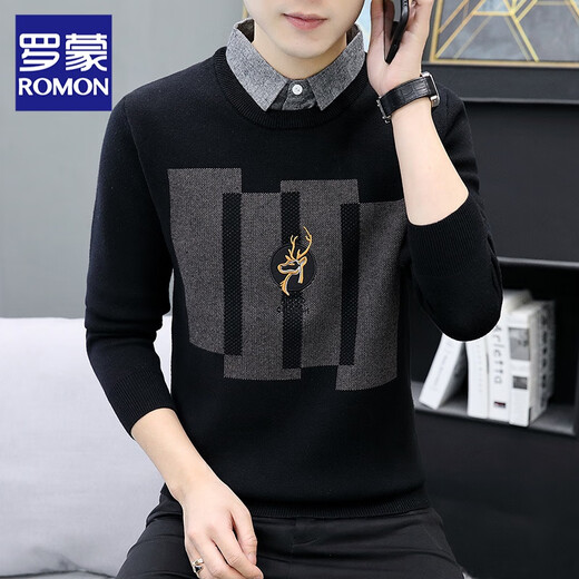 Romon gefälschter zweiteiliger Pullover Herbst und Winter warmer Pullover Männer Schlanker Geschäft Casual Pullover Basis Shirt Herbst Top We8136 Grau XL