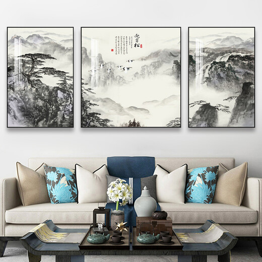 Oufa Living room decoration painting Sofa background wall hanging painting New Chinese style Chinese style landscape calligraphy and painting Landscape painting Restaurant Bedroom Bedside Study Triple Mural Crystal Porcelain Painting A-Flowing Water Makes Money 40*60 in the left and right 60*60/fabric painting