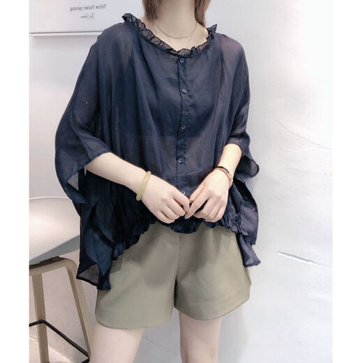 她风采 欧洲站夏装2021新款欧货潮蝙蝠袖麻料衬衫女夏韩版宽松苎麻上衣 蓝色 L 建议130-165