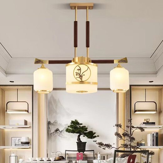 灯乔全铜新中式餐厅吊灯现代中国风长条餐桌书房茶室实木客厅灯具9275 5头餐吊-三色光【铜+黑胡桃木】