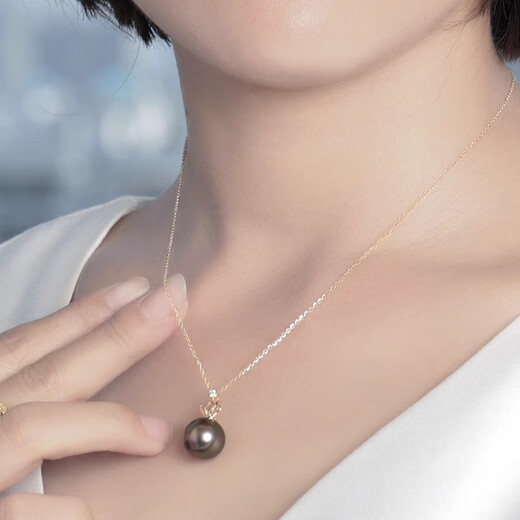 Qiongruige Crown Model 18K Gold Tahitian Black Pearl Pendant Seawater Round Malachite Green Necklace Pendant Single 11-12mm Malachite Green Slightly Flawed + 18K White Support