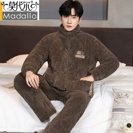 MODAL-Herren-Pyjamas in Winterbekleidung Wärme, verdickter Samtkorallen-Samt dreischichtige Baumwoll-Reißverschluss Flanell-Heimset N9904 Hellgrau Set l Gewicht (90-120jin [Jin entspricht 0,5 kg]))