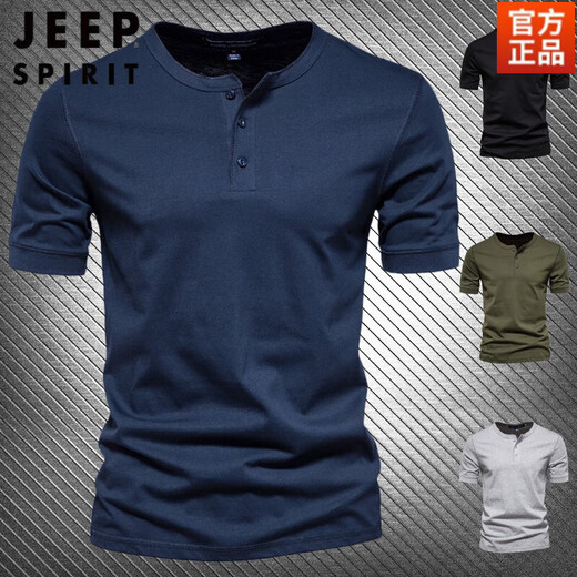JEEP SPIRIT夏季亨利衫男T恤重磅纯棉美式半袖开领短袖硬汉上衣男装打底衫 白色【100%纯棉】 S 110-130斤