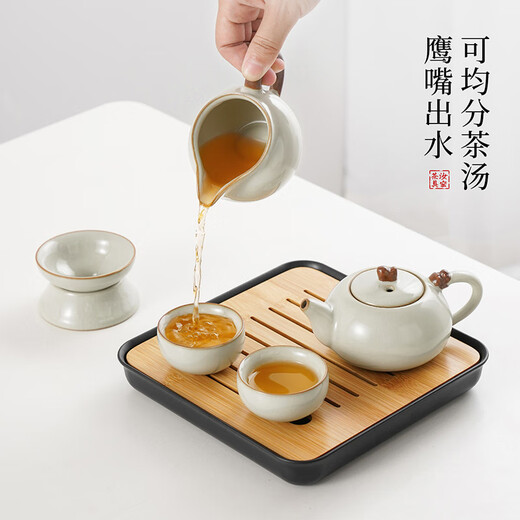 Qixuanyuan small set of Ru kiln tea set high-end simple home hotel balcony small ceramic drinking teapot Kung Fu tea cup Huang Ru kiln auspicious pot two cups tea leakage 5 pieces + tea tray