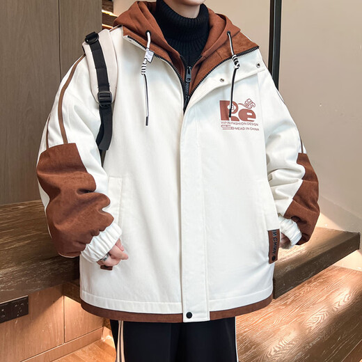 KLSJLA假两件外套男秋冬款加绒加厚潮牌夹克男连帽宽松休闲青少年派克服 829米色[加绒] M 约80-100斤可穿
