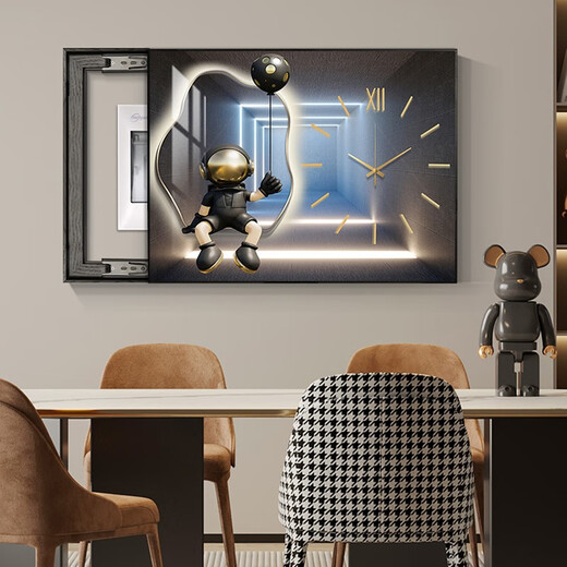 Chengzi Light luxury electric meter box decoration painting with clock distribution box cover without holes Modern simple hanging painting Astronaut clock K11965 45*35cm (block 35*25) black frame with cover