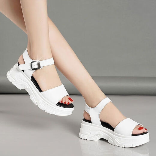 
Huilijun Songcake Sole Genuine Leather Sole Sandals for Women 2024 Summer New Wedge Thick Sole Sports Sandals Black Upgraded Edition 37