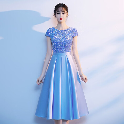 Indy Spring Mu Hongge Choir Performance Clothing Women's Long Dress Students Host Poetry Recitation Clothing Temperament Slim Adult Dress Blue XL