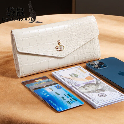 袋鼠（KANGAROO）时尚鳄鱼纹女士长款钱包超薄时尚大容量多卡位放手机证件卡夹卡包 白色