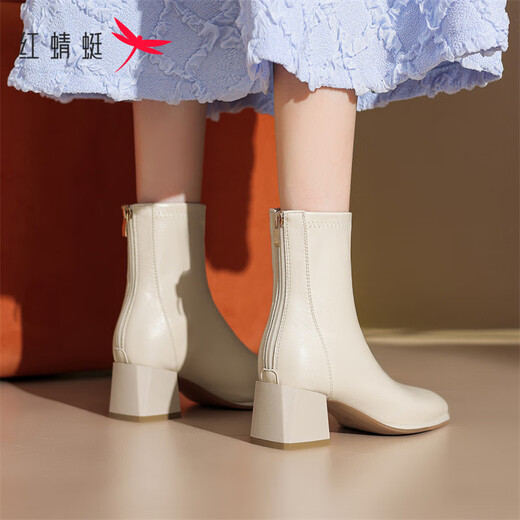 Red dragonfly short boots for women thick heel medium heel plus velvet to keep warm winter winter boots brand ankle boots women's boots 2024 winter off-white heel height 5.3cm 40