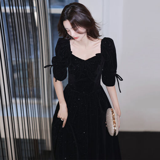 Gangdan black evening dress banquet evening dress 2024 new style elegant and slim annual meeting niche high-end dress dress black long XL