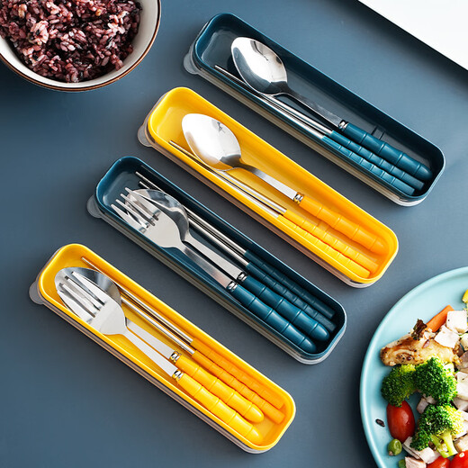 天南兄弟餐具筷子勺子套装学生便携上班族筷子盒可爱不锈钢叉子三件套单人 两件套蓝色