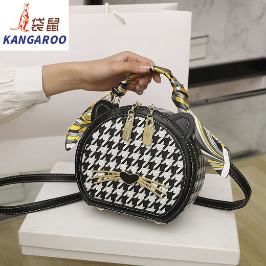 袋鼠（KANGAROO）千鸟格小圆包2024新款时尚百搭感小众圆形包手提斜挎小包包 KJ米白