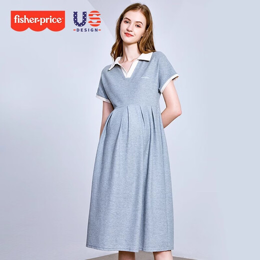 Fisher-Price American Fisher Maternity Dress Summer 2025 Maternity Dress Summer Lapel T-shirt Fashion Loose Large Size Skirt Gray Dress + Skin Color Safety Pants L[120-135Jin[Jin equals 0.5 kg] suitable for wearing]