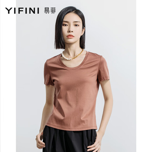 Yifei (YIFINI) [Cool] Short loose T-shirt with silk U-neck for women's summer new thin model 2105Z983 Black 0M