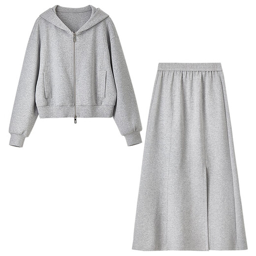 Chandubila comfortable and casual zipper hooded collar off-shoulder sweatshirt elastic waist draped large hem fishtail skirt cotton suit floral gray M