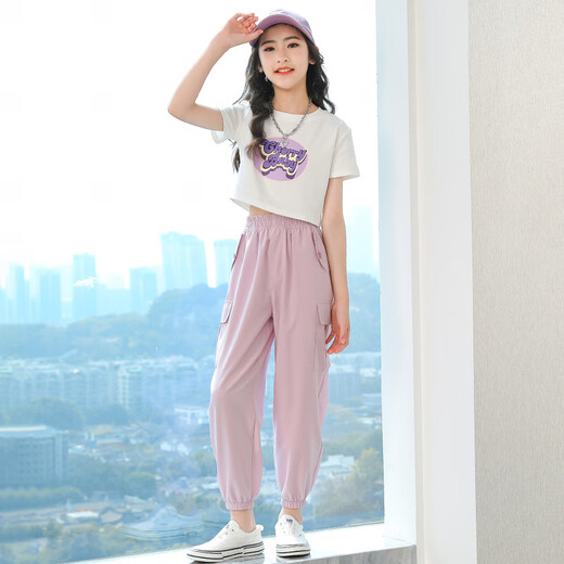 Youyou 1 point girls summer dress fashionable new children's short-sleeved suit summer thin medium-sized children's casual two-piece set 16012 purple + 9889 white 150cm