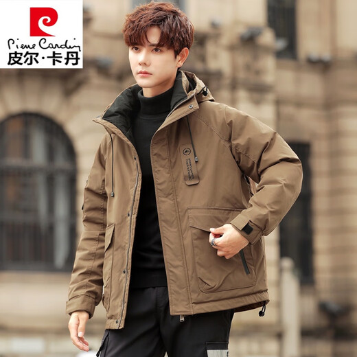 皮尔卡丹（pierre cardin）连帽男士羽绒服冬季冲锋衣2024新款潮流工装简约百搭白鸭绒外套男 YR9871咖啡色 2XL 适合135-150斤