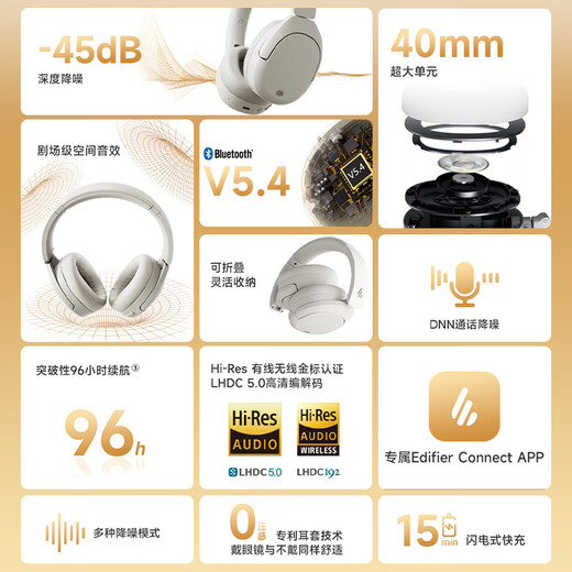 漫步者（EDIFIER）W830NB头戴式主动降噪真无线蓝牙耳机 96小时超长续航双金标沉浸式空间音效 节日礼物 晨曦白