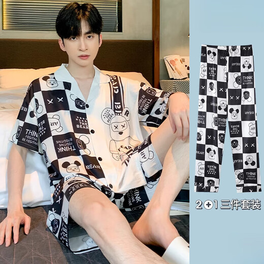 Catmans neue kurzärmelige Long Hosen Herren-Pyjamas Drei-teilige Sommer-Eisseide-Teenager können außerhalb B673 3xl zu Hause tragen (vorgeschlagener Größe 185 und Gewicht 175