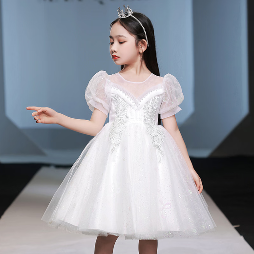 
Annie Youer children's dress princess skirt fashionable flower girl high-end girl evening dress girl piano playing host performance costume white short short sleeve 130