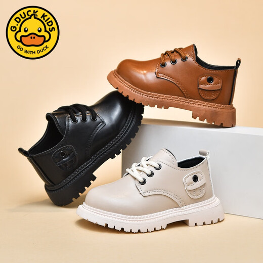 G.duck Little Yellow Duck Boys' Leather Shoes British Style 2024 Spring Soft Sole Children's Baby Shoes Korean Style Lace-Up Little Girls Leather Shoes Black 23