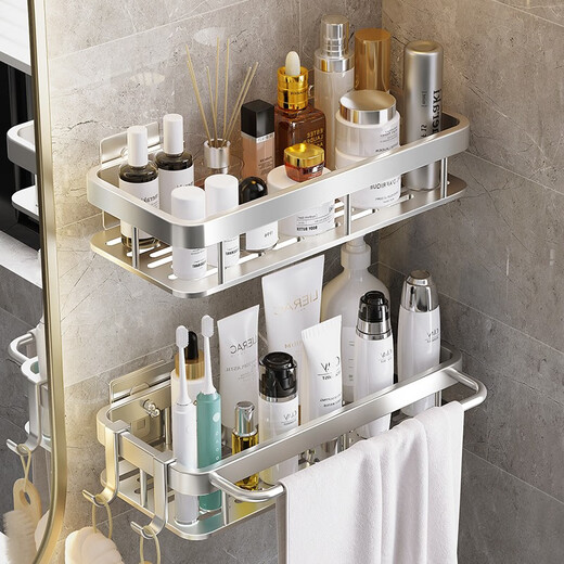 ZHIRAN space aluminum punch-free multi-layer storage rack multi-functional bathroom storage rack kitchen storage rack bathroom single layer - silver rectangular with hook and rod