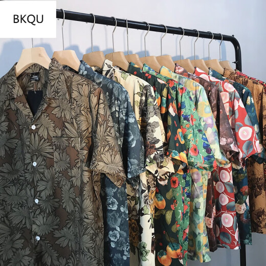 BKQU2023港风vintage花短袖衬衫男情侣夏季复古潮牌古巴领夏威夷宽松 x693 L