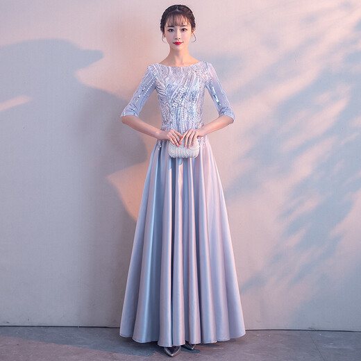 Li Baixin high-end evening dress women's new noble banquet temperament dress long host chorus performance clothing champagne color XXL