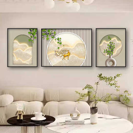 
Sense painting cream style living room decoration painting modern simple sofa background wall hanging painting Fulu triplet 2025 new mural JD13588 left and right 50*70 middle 90*70 crystal porcelain diamond-inlaid aluminum alloy gold frame