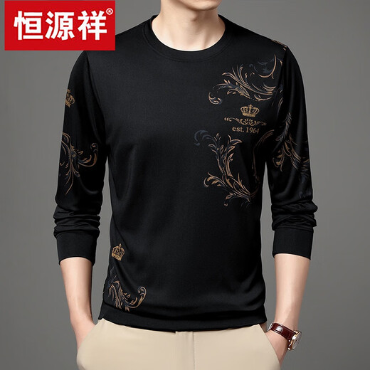 恒源祥男士夏季冰丝长袖t恤薄款圆领2024新款中年男打底衫体恤潮 黑色6627 180/2XL