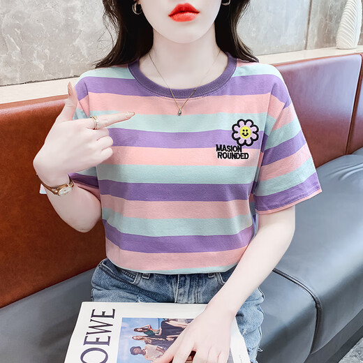 拉夏贝尔（La Chapelle）条纹短袖t恤女宽松韩版女装2025年夏季新款百搭体恤圆领半袖上衣 红色 9928 L 建议105-120斤