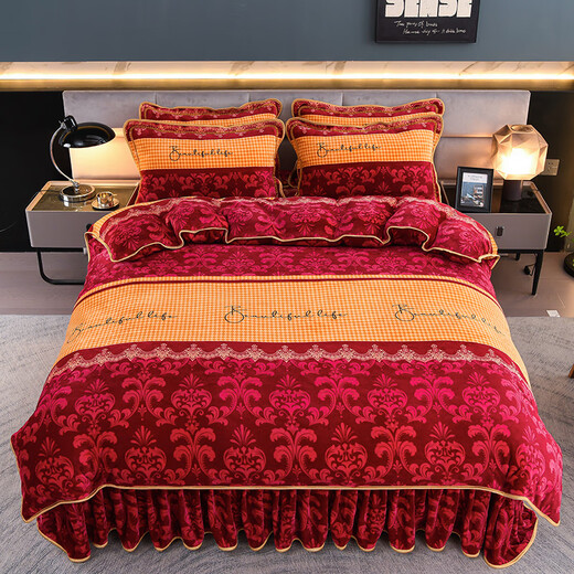 Yu Zhaolin's four-piece set of milk velvet on a winter bed in winter, double-sided velvet thickened flannel quilt cover bed skirt anti-static double-home love 1.5 meters bed four-piece set [quilt cover 1.8*2.2 meters]
