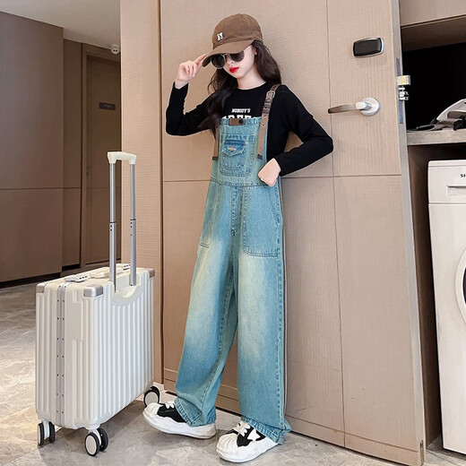 Xizai Pier Vêtements pour enfants Girls Denim Saut trottiers moyens grands pour enfants et pantalons longs décontractés Spring and Automn Vêtements coréens Tendance Retro Couleurs Salopets 170 Taille recommandée Hauteur 155-165 cm