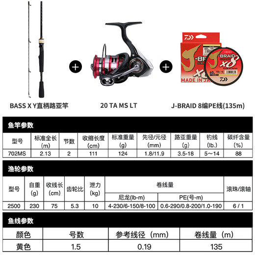 达亿瓦（DAIWA）【渔乐高校】BASS X Y 直柄泛用路亚竿纺车轮套装8编PE线 2.13m 702MS+LT2000+PE线