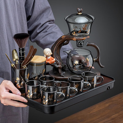 Zhengyang complete set of glass kung fu tea set home teacup magnetic automatic tea maker simple office meeting guests drinking tea welcoming ash lotus crane set + tea can + tea ceremony